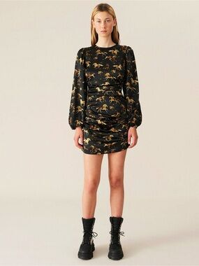 GANNI 38/6 Black Silk Blend  Ruched Mini Dress Horse Print Black Gold